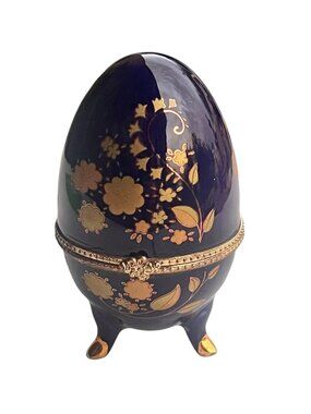 Trinket Box Egg Porcelain Cobalt Blue & Gold Floral Tri-Legged 3" T Hinged Gift